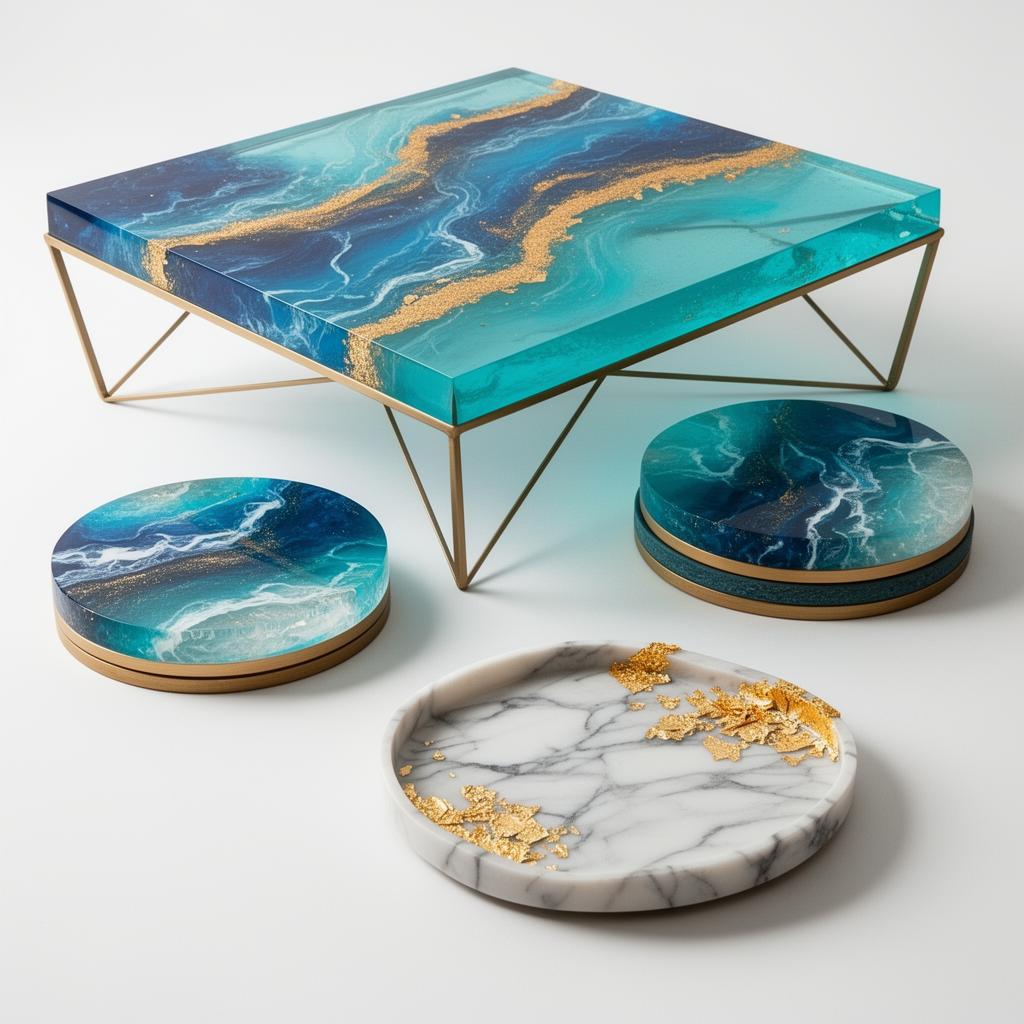 Piezas de arte en resina epóxica con detalles dorados